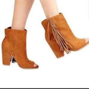 Saddle Lotus Peep toe fringe ankle boots women heels size 8